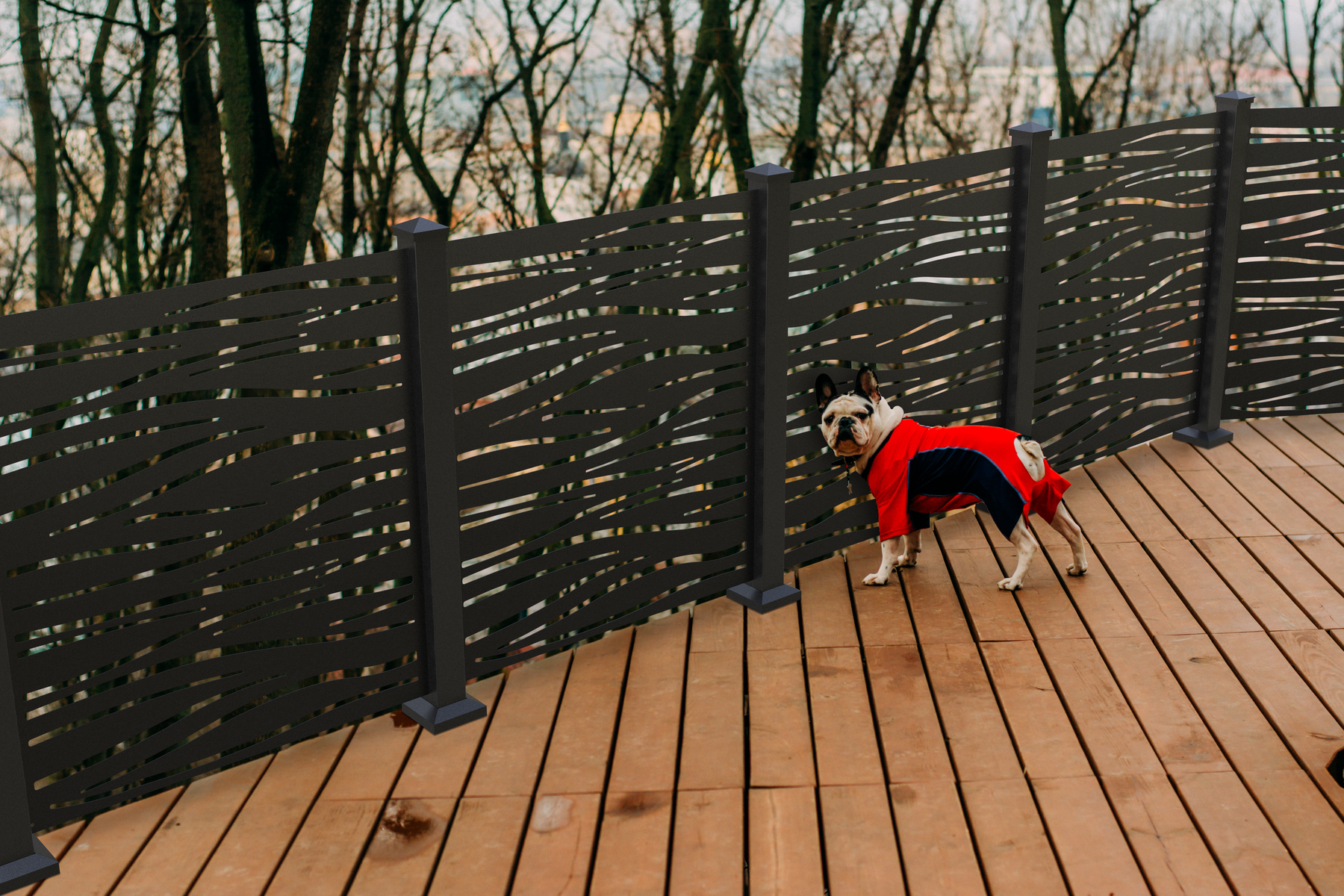 Black short High Tide screens along a deck